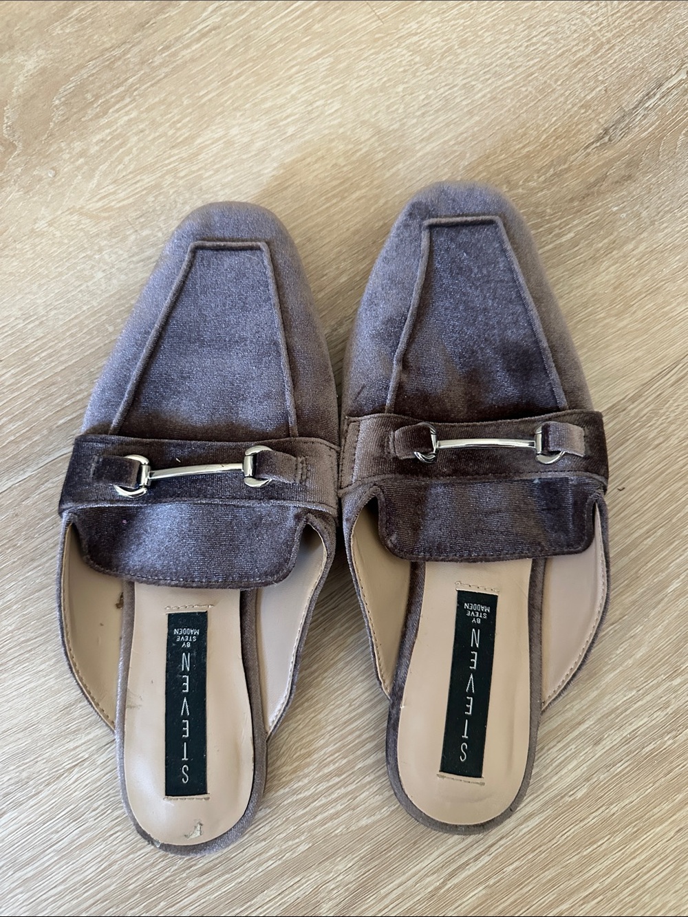 Steve Madden Brown Velvet Mule Loafers with Silver Bit
